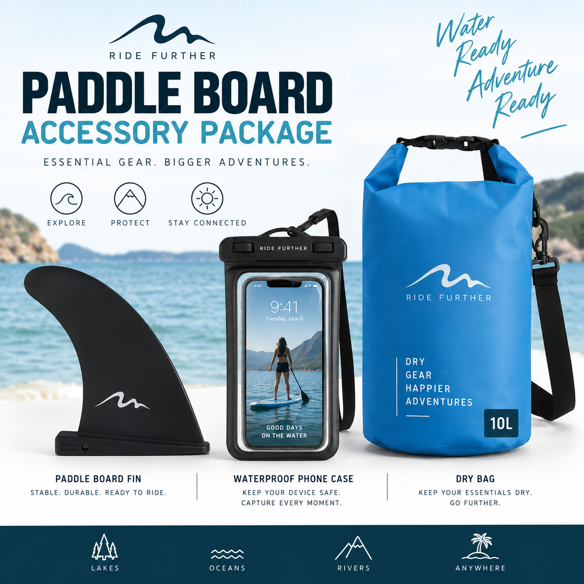 Paddle Board Accessory Package | Fin, Dry Bag & Waterproof Phone Case